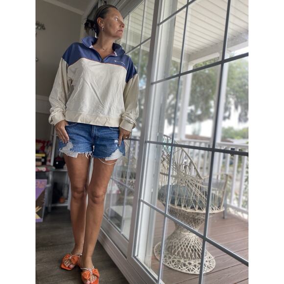 CHAMPION Colorblock 1/4 Zip Sweatshirt Campus Pullover Blue Ivory White L - Picture 2 of 9